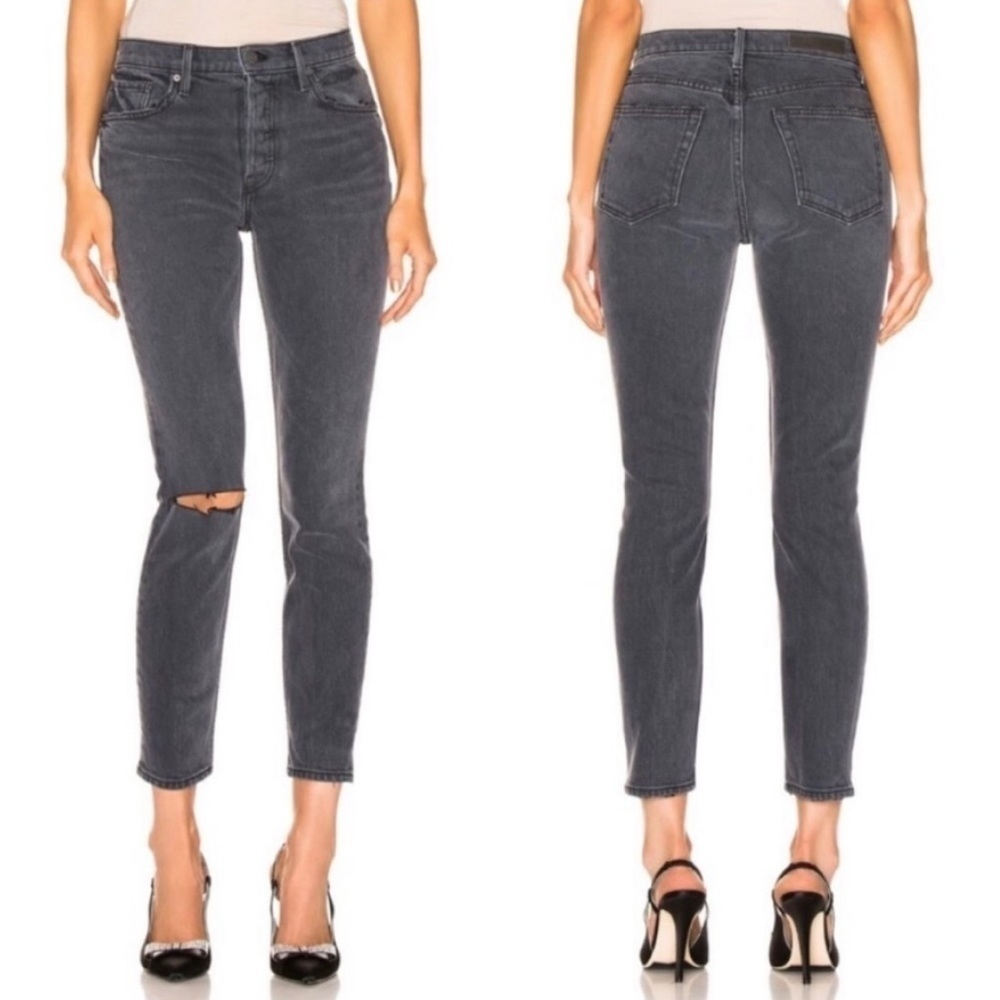 GRLFRND The Karolina Ripped Knee High Rise Jeans‎ in Faded Black Wash, Size 25